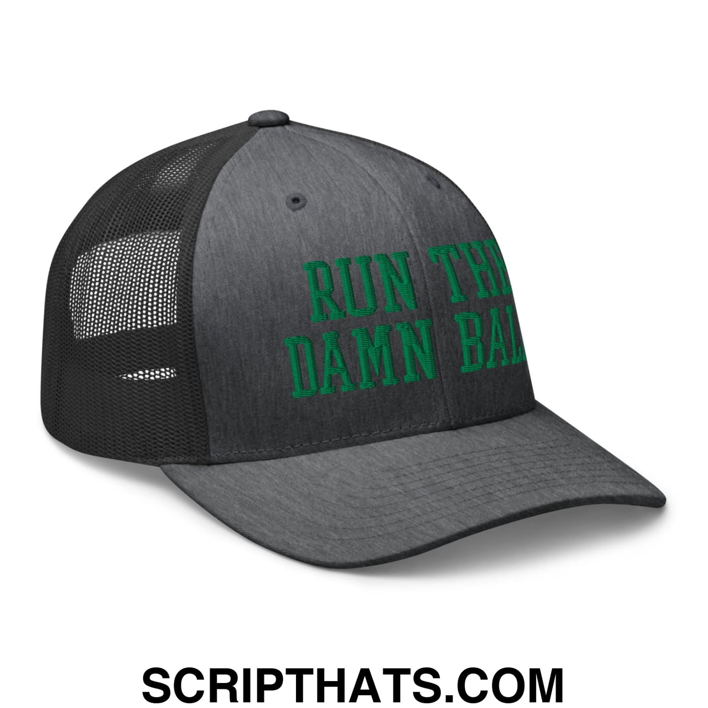 Run The Damn Ball Green Embroidered Mesh Trucker Hat Dark Heather Gray