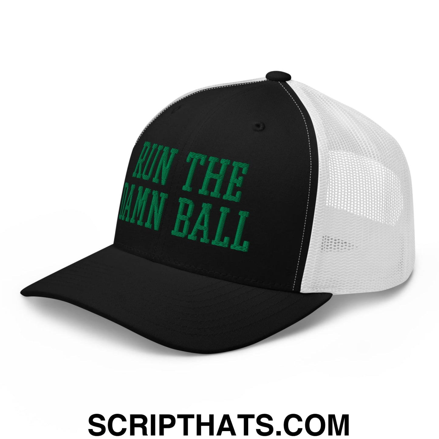 Run The Damn Ball Green Embroidered Mesh Trucker Hat Black White