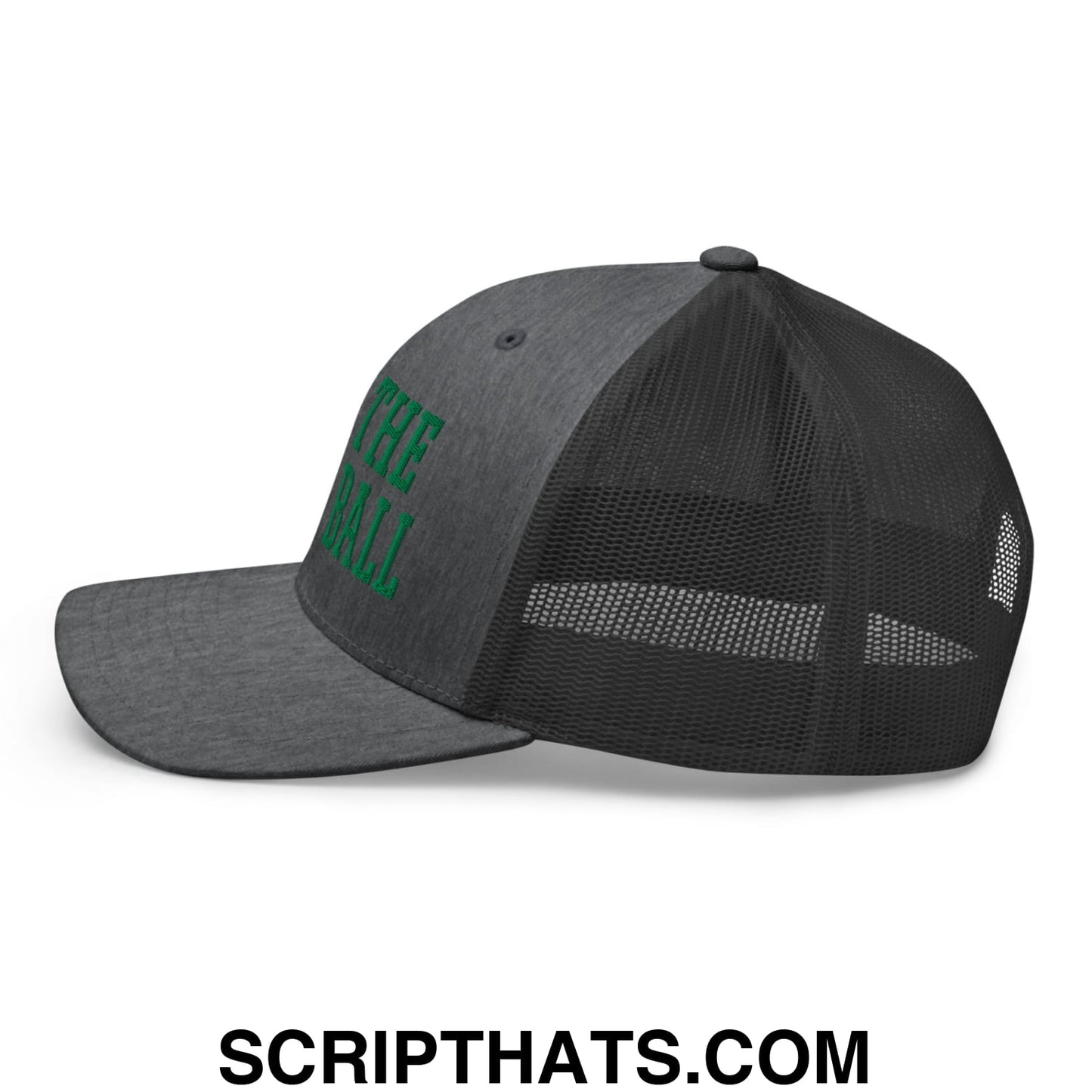 Run The Damn Ball Green Embroidered Mesh Trucker Hat Dark Heather Gray