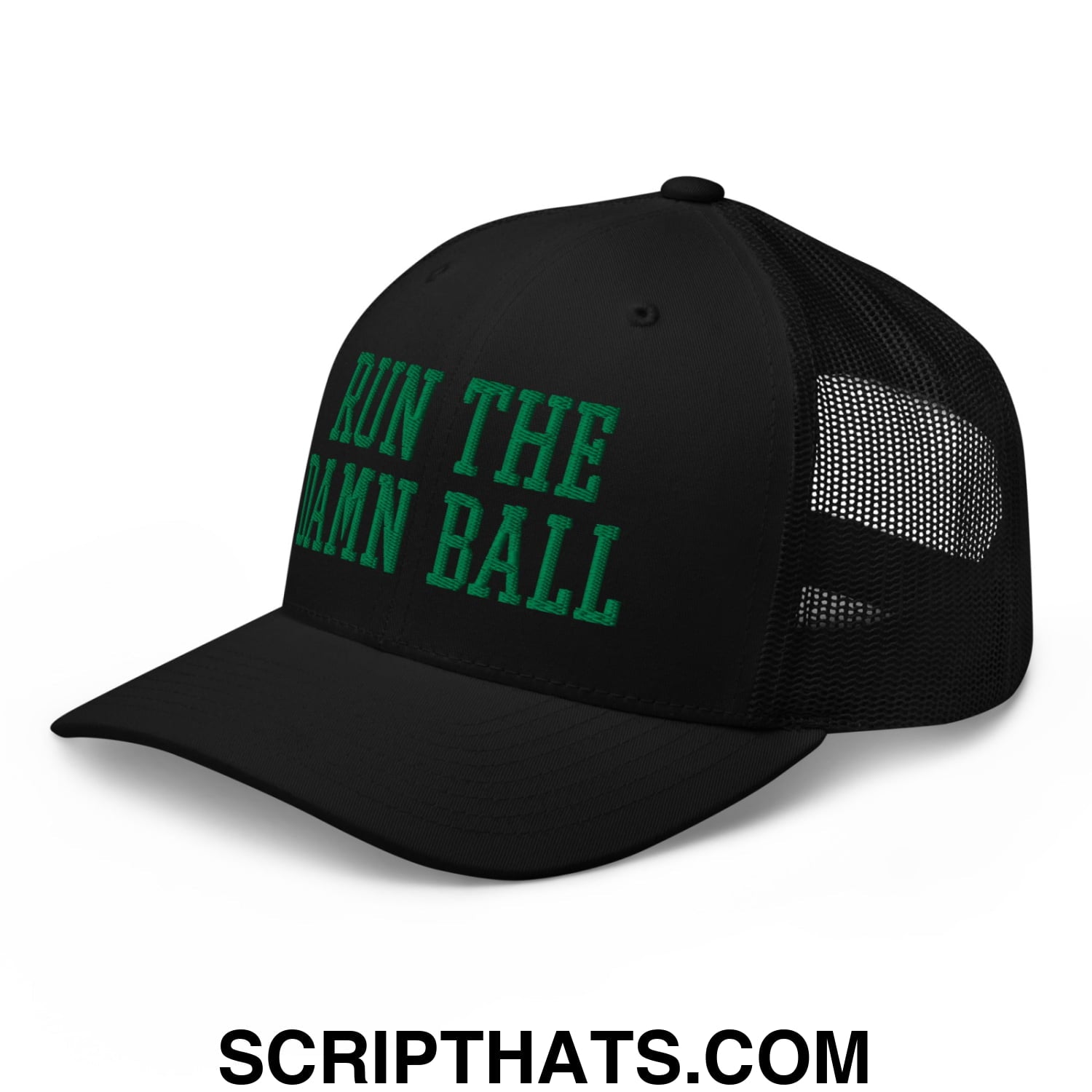 Run The Damn Ball Green Embroidered Mesh Trucker Hat Black