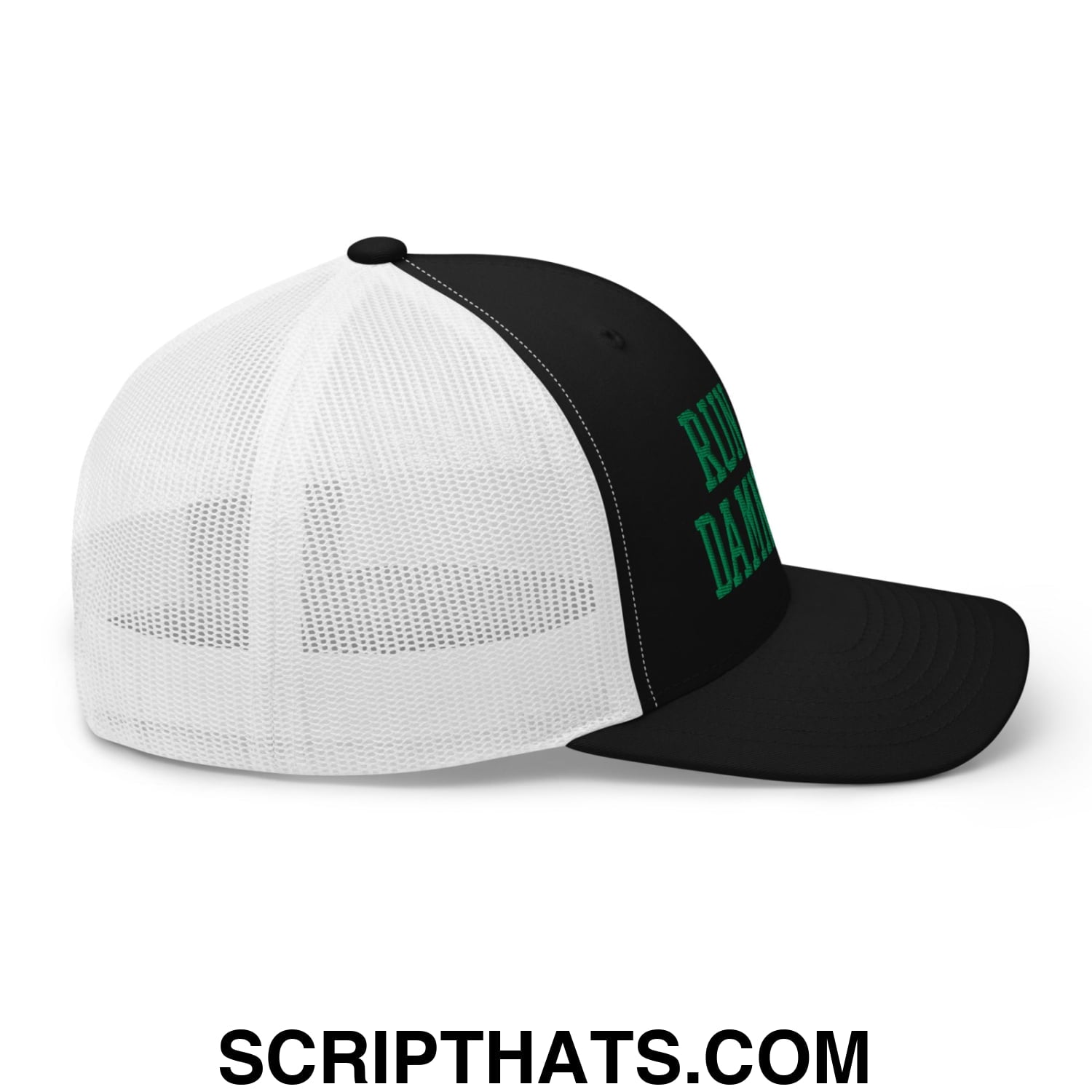 Run The Damn Ball Green Embroidered Mesh Trucker Hat Black White