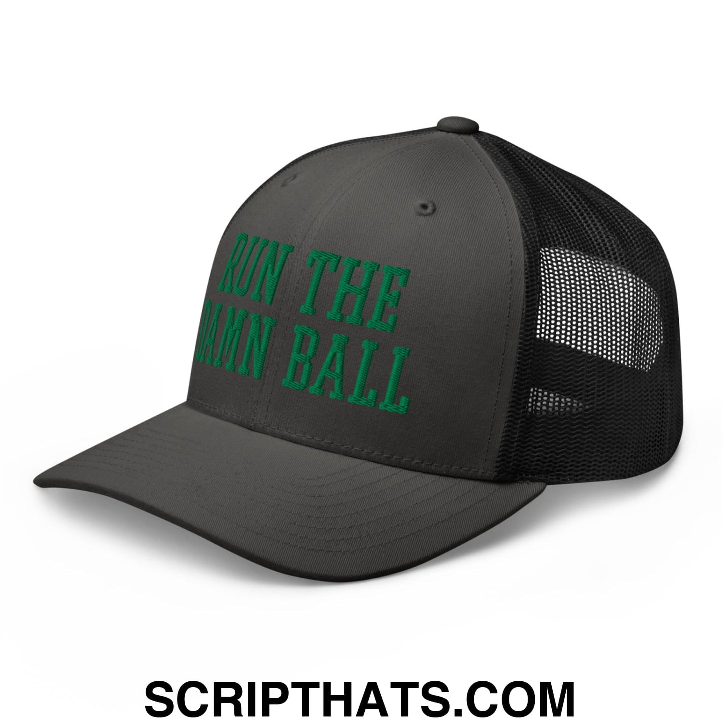 Run The Damn Ball Green Embroidered Mesh Trucker Hat Charcoal Black
