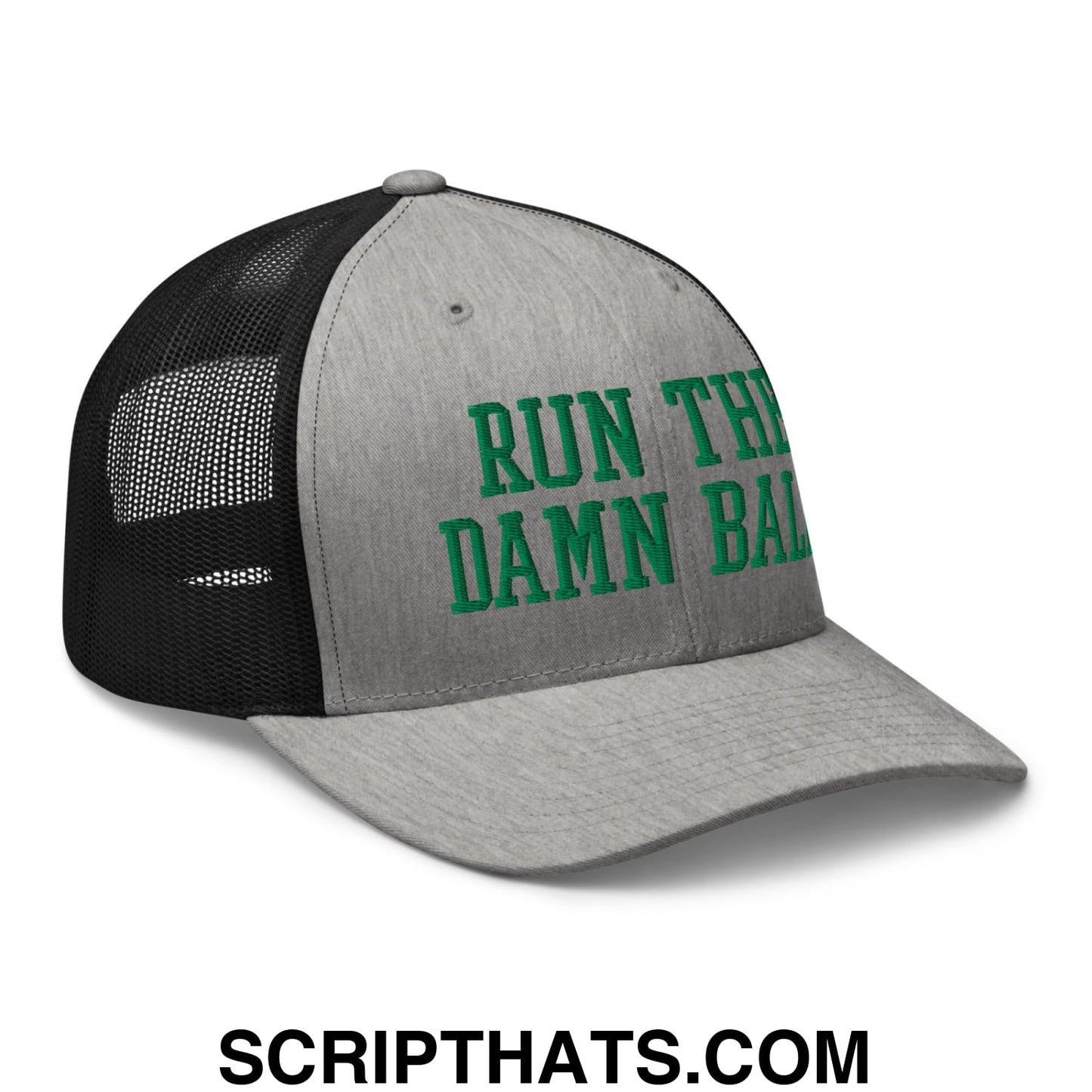 Run The Damn Ball Green Embroidered Mesh Trucker Hat Heather Black