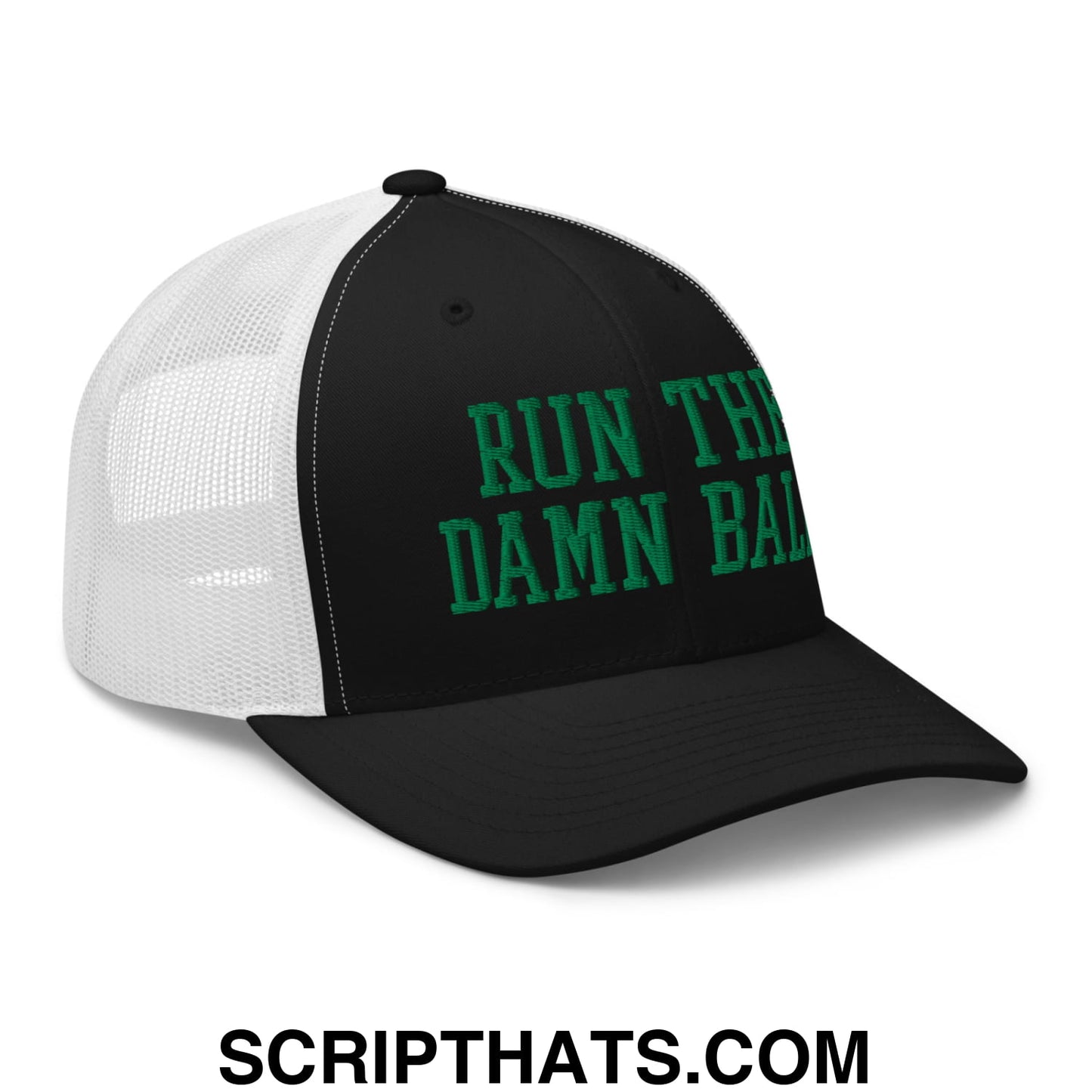 Run The Damn Ball Green Embroidered Mesh Trucker Hat Black White