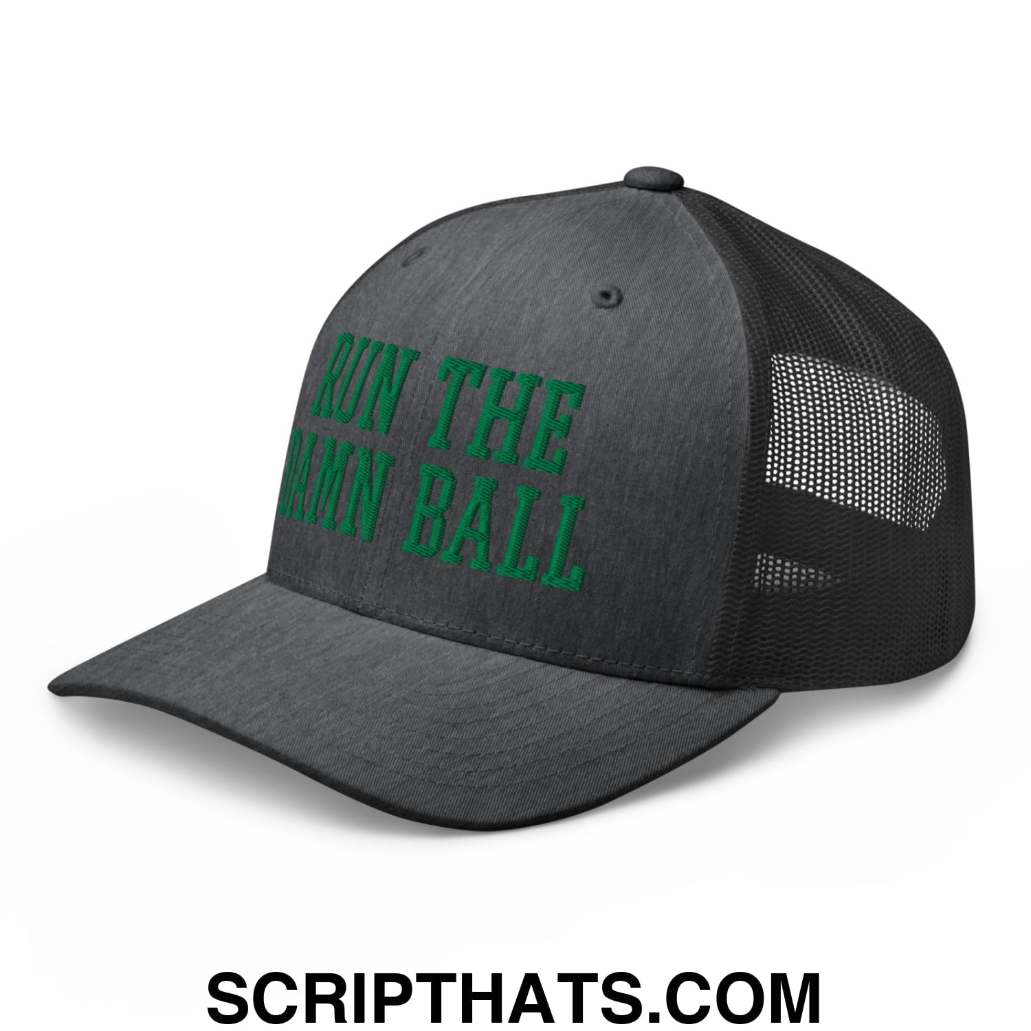 Run The Damn Ball Green Embroidered Mesh Trucker Hat Dark Heather Gray