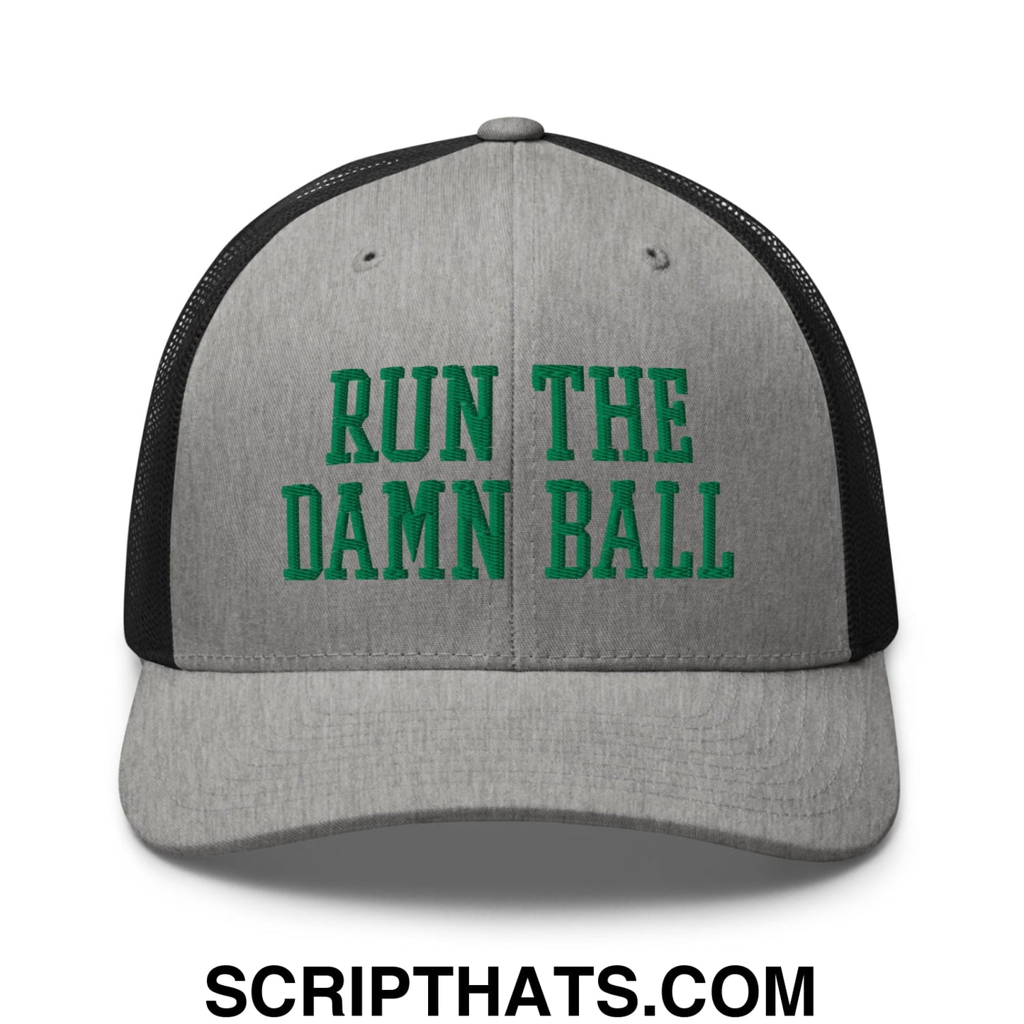 Run The Damn Ball Green Embroidered Mesh Trucker Hat Heather Black