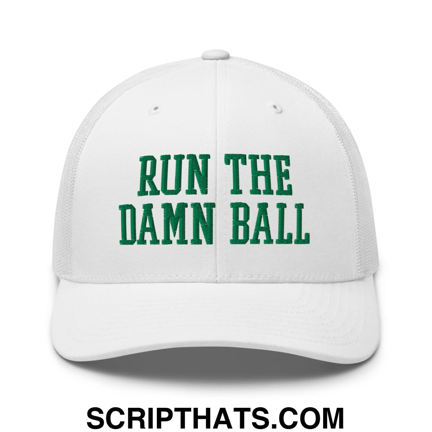 Run The Damn Ball Green Embroidered Mesh Trucker Hat White