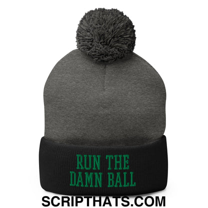 Run The Damn Ball Green Embroidered Pom Pom Knit Beanie Dark Heather Grey Black