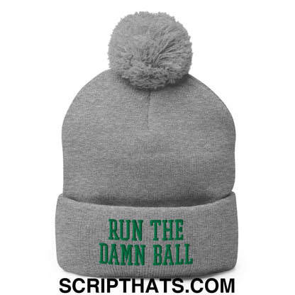 Run The Damn Ball Green Embroidered Pom Pom Knit Beanie Heather Grey