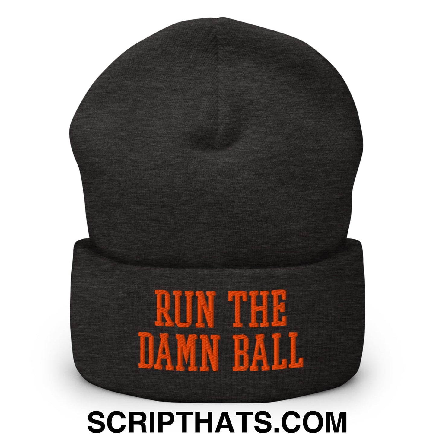 Run The Damn Ball Orange Embroidered Cuffed Knit Beanie Dark Grey