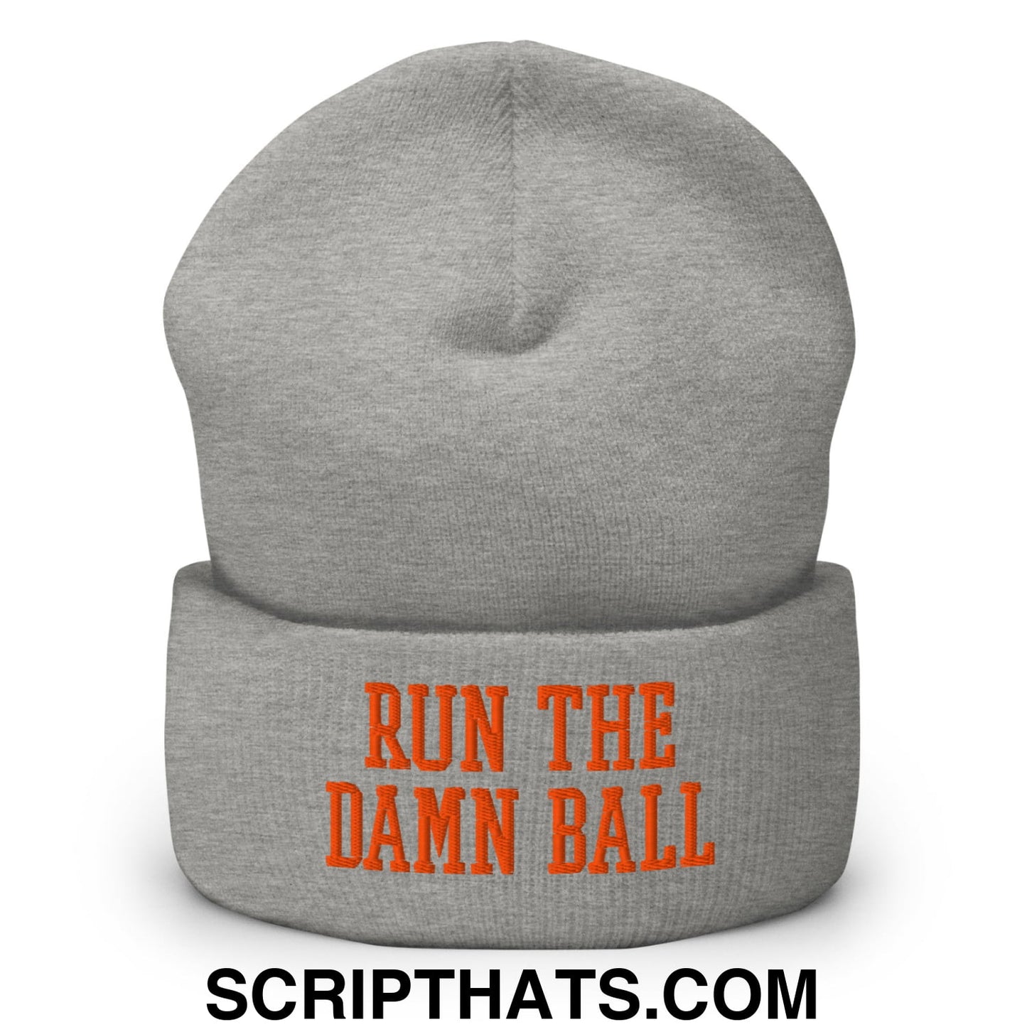 Run The Damn Ball Orange Embroidered Cuffed Knit Beanie Heather Grey