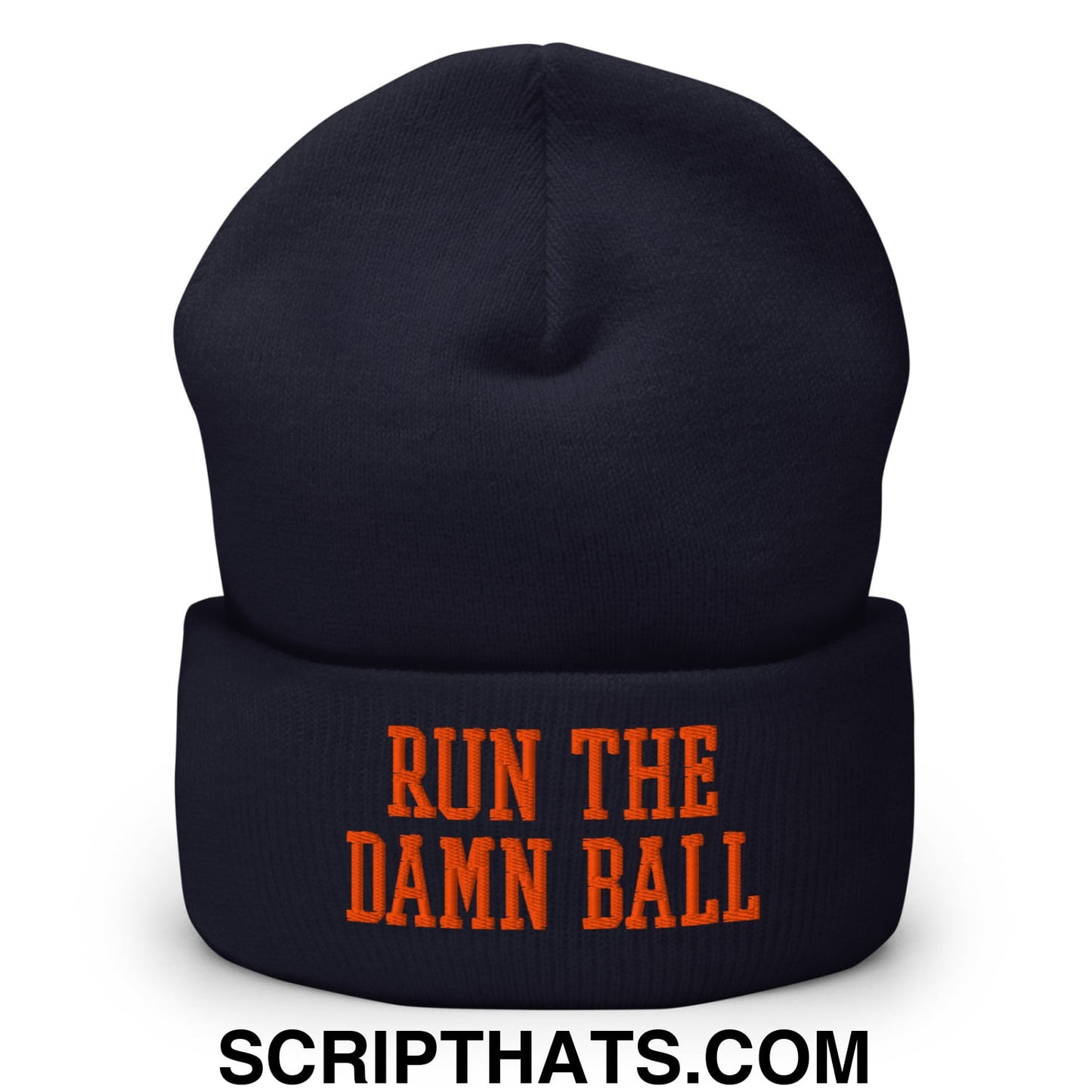 Run The Damn Ball Orange Embroidered Cuffed Knit Beanie Navy