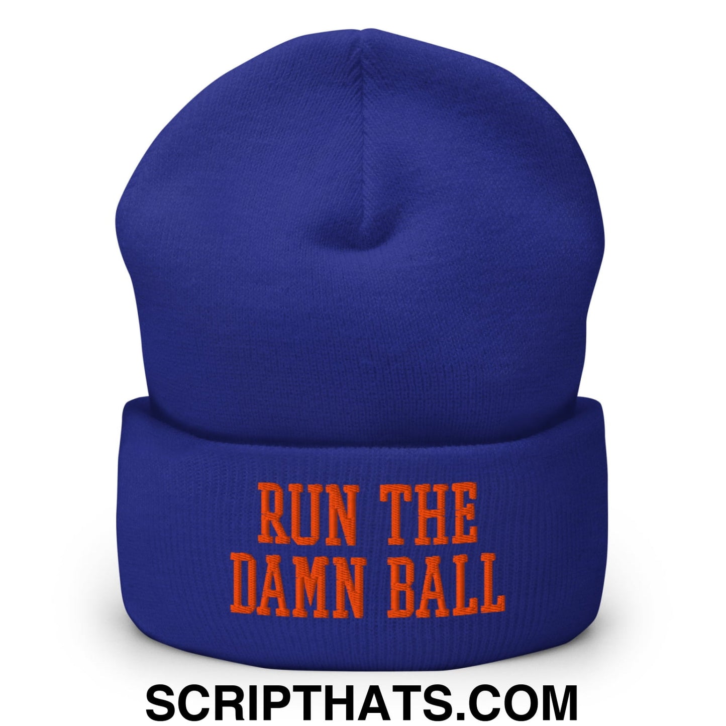 Run The Damn Ball Orange Embroidered Cuffed Knit Beanie Royal