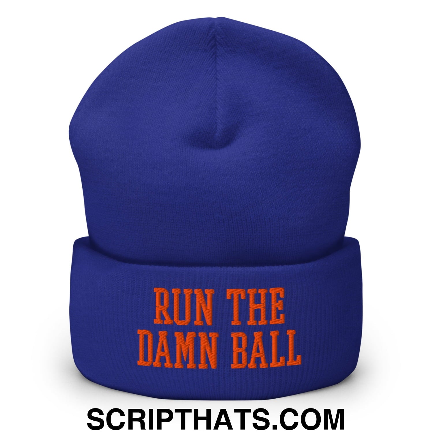 Run The Damn Ball Orange Embroidered Cuffed Knit Beanie Royal