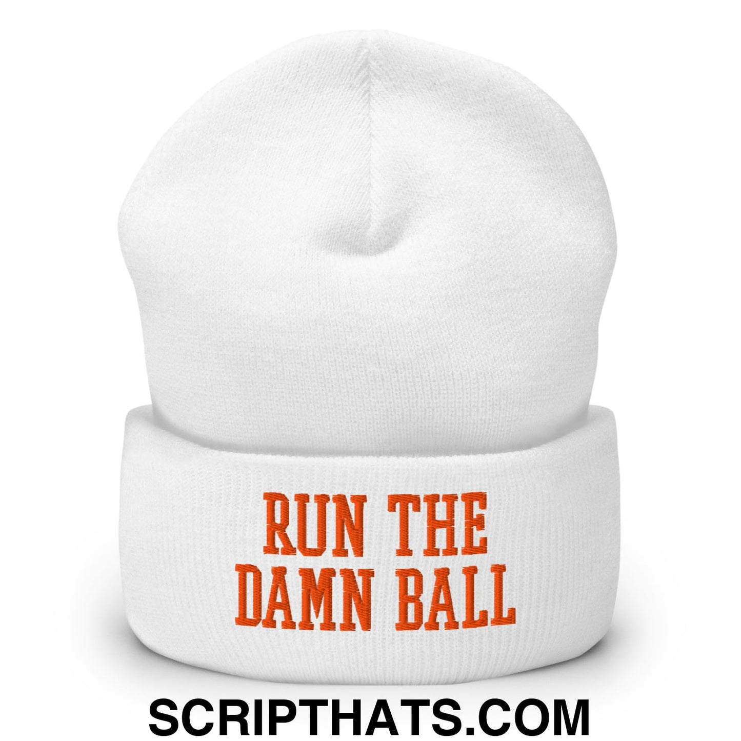 Run The Damn Ball Orange Embroidered Cuffed Knit Beanie White