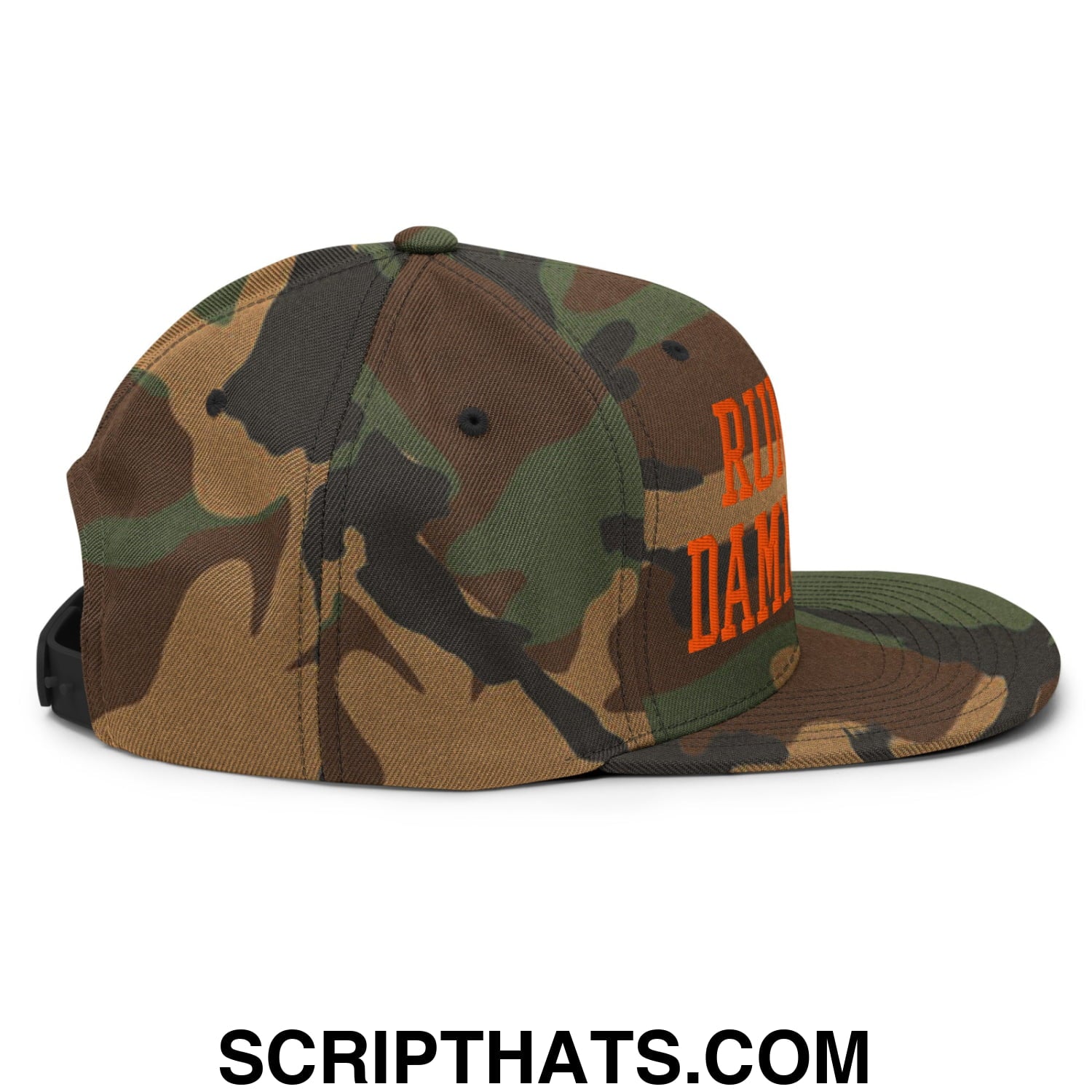 A camouflage-patterned snapback hat with orange embroidered lettering and a flat bill brim