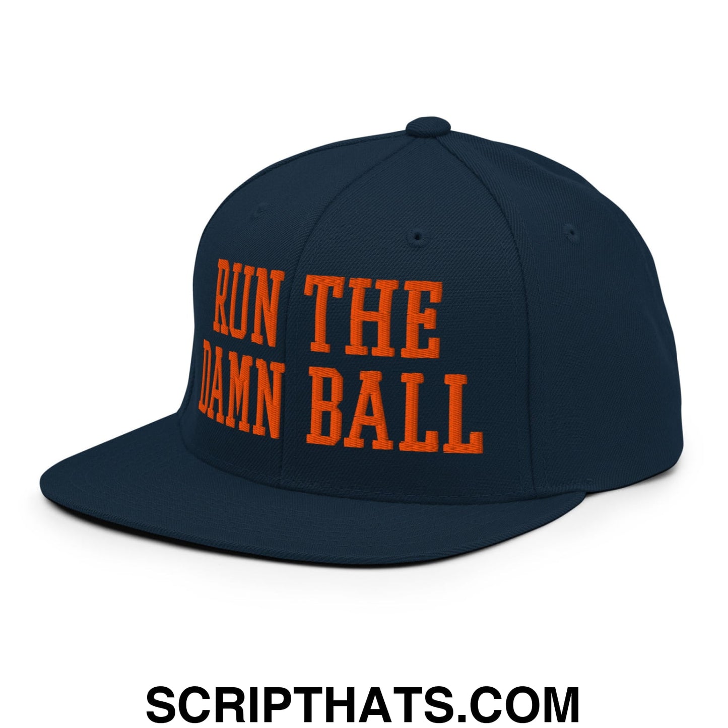 Navy blue snapback hat with bold orange embroidered run the damn ball text and flat bill brim design