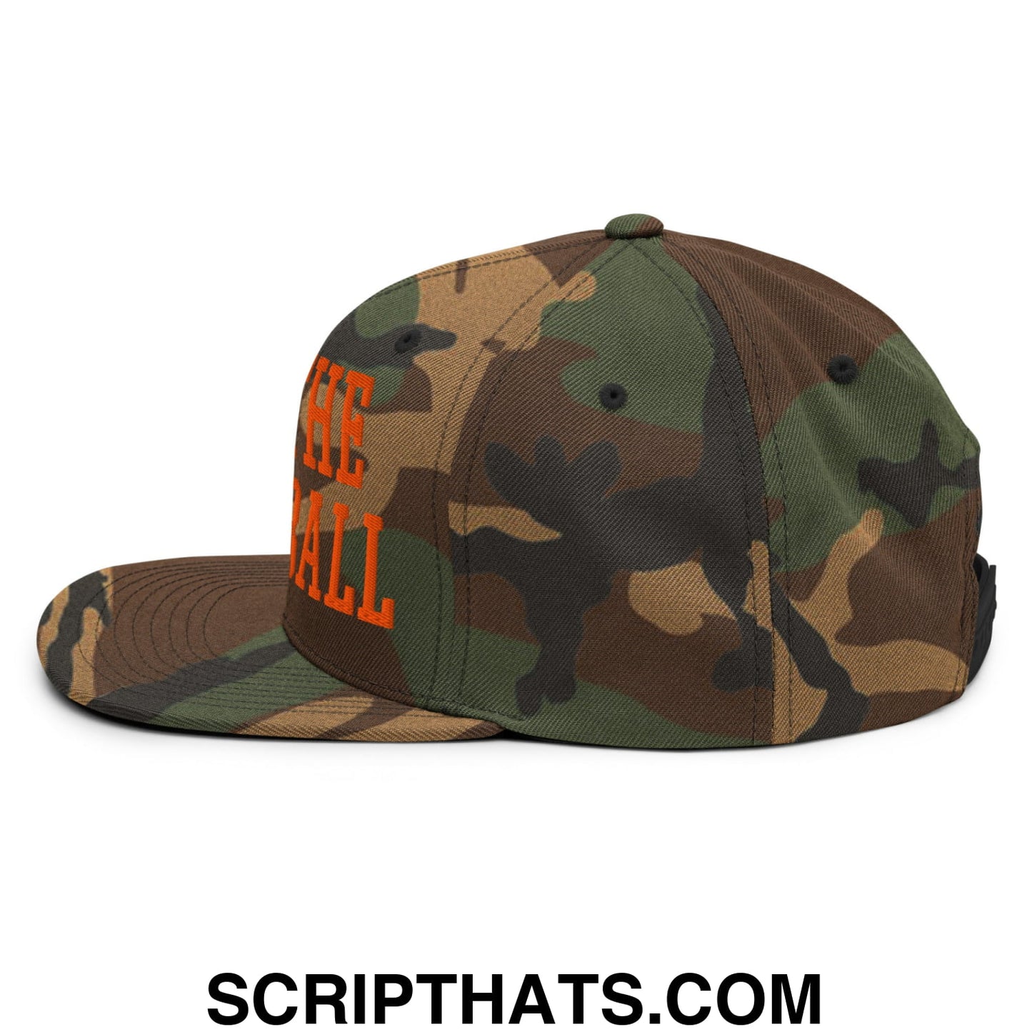 Camouflage snapback cap with bold orange embroidered run the damn ball text and flat bill brim