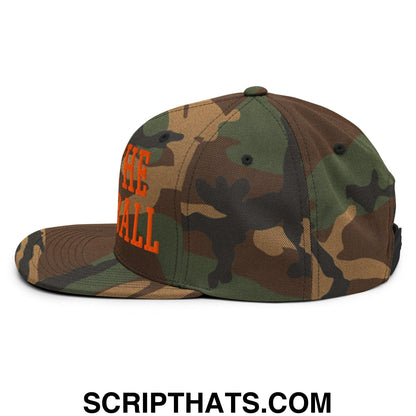 Camouflage snapback cap with bold orange embroidered run the damn ball text and flat bill brim
