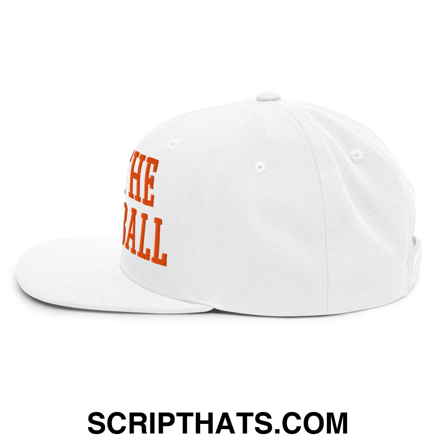 White flat bill brim snapback hat with orange the ball embroidered lettering on the side for casual wear