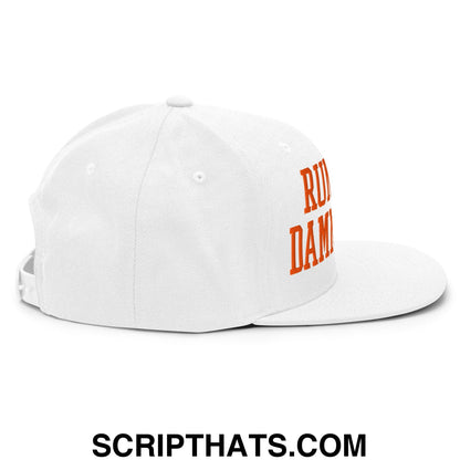 White snapback cap with orange embroidered lettering and flat bill brim for casual streetwear use