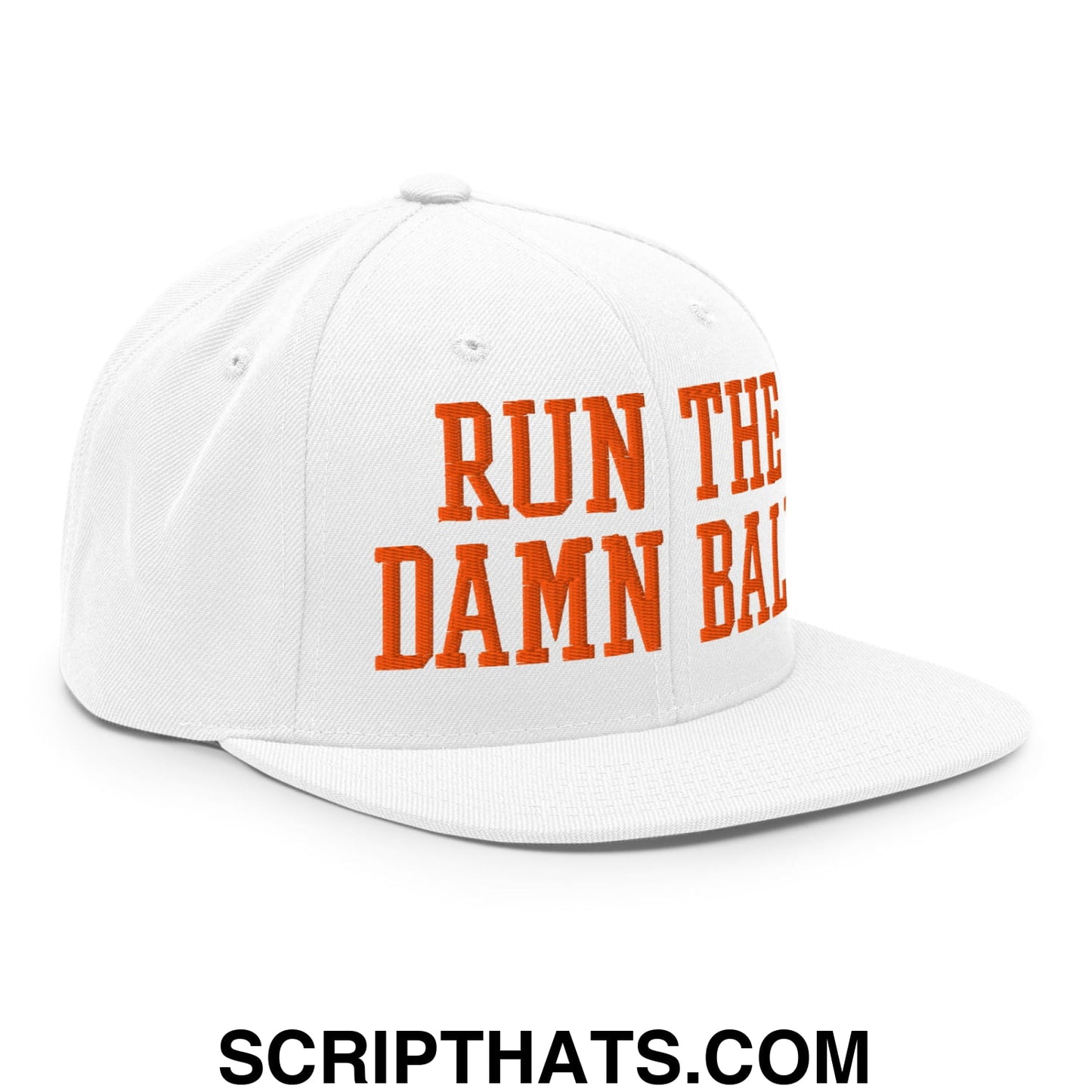 White snapback cap with a flat bill brim featuring bold orange embroidered text run the damn ball
