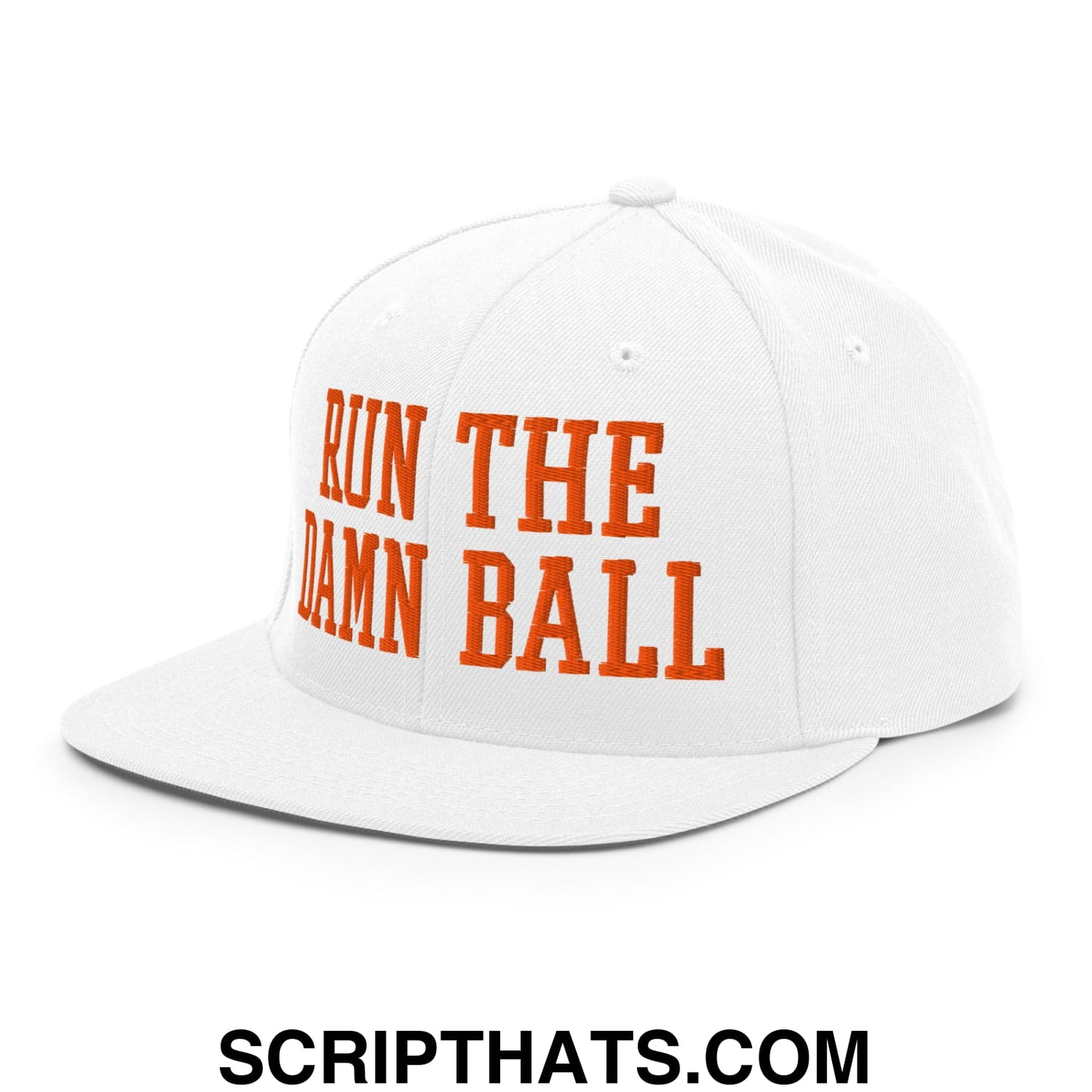 White snapback cap with bold orange embroidered run the damn ball text and a flat bill brim design