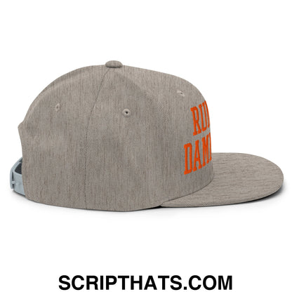 Gray heathered snapback hat with orange embroidered Run The Damn Ball lettering and a flat bill brim design