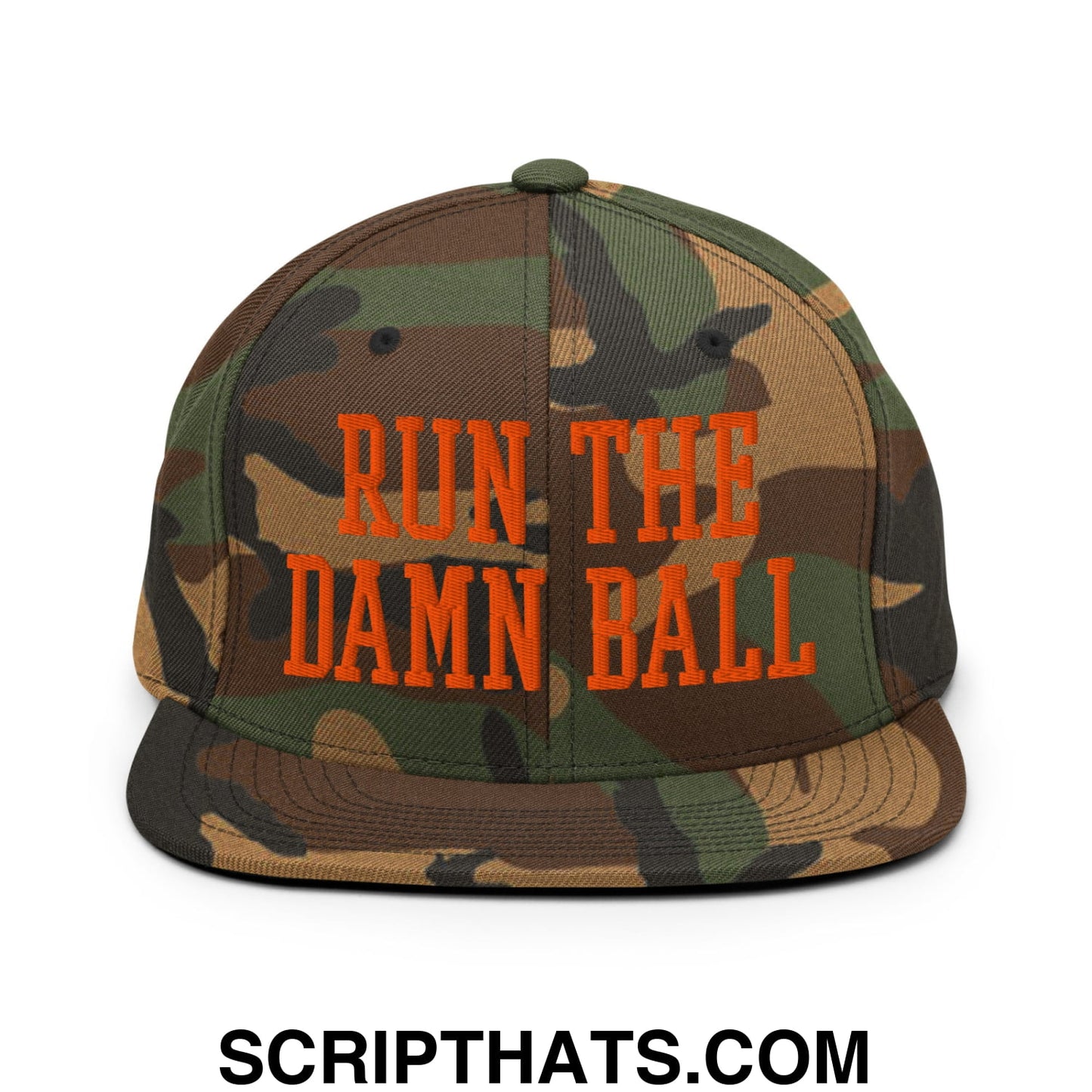 Camouflage snapback hat with bold orange embroidered text run the damn ball on flat bill brim