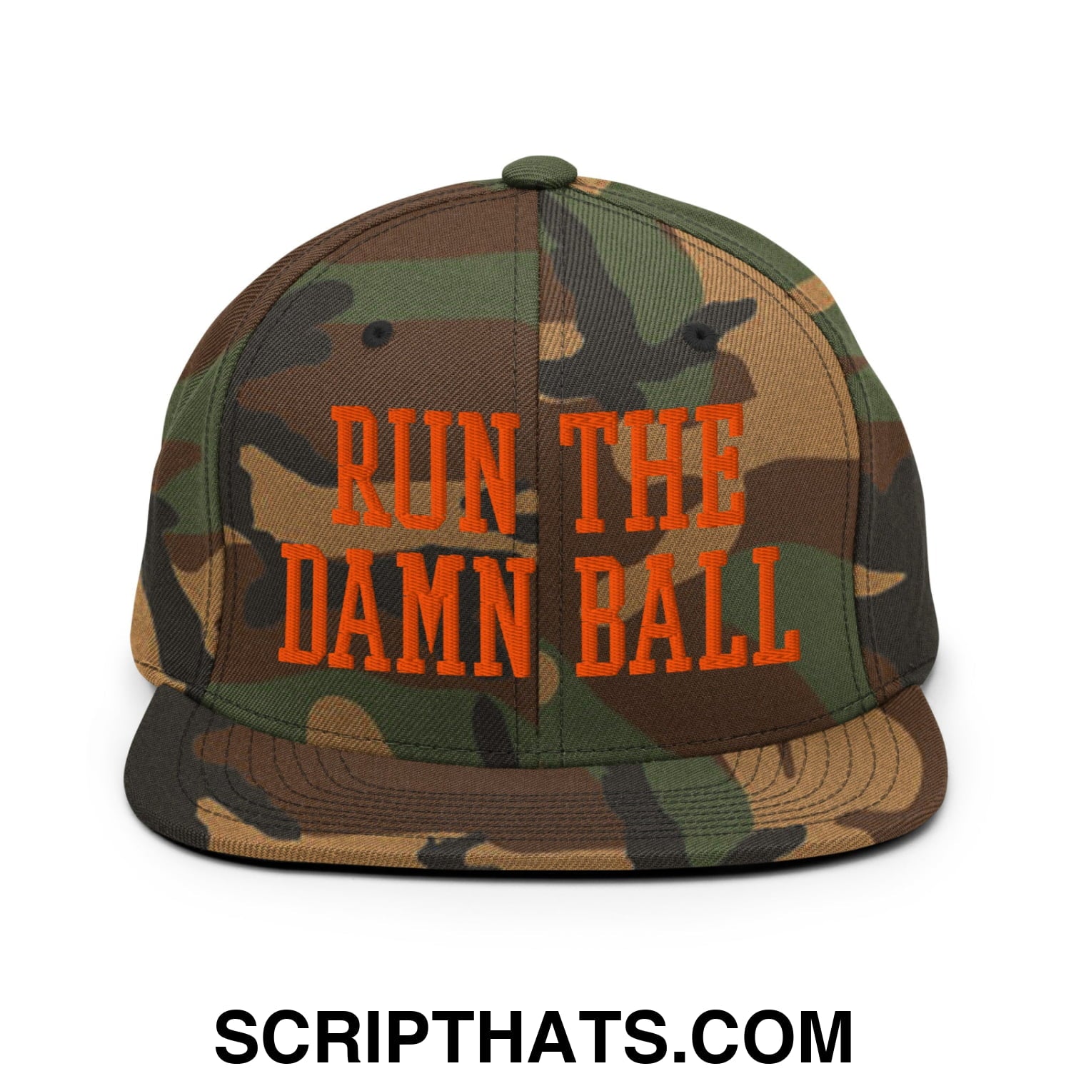 Camouflage snapback hat with bold orange embroidered text run the damn ball on flat bill brim