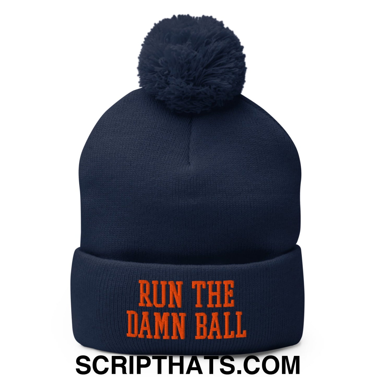 Run The Damn Ball Orange Embroidered Pom Pom Knit Beanie Navy
