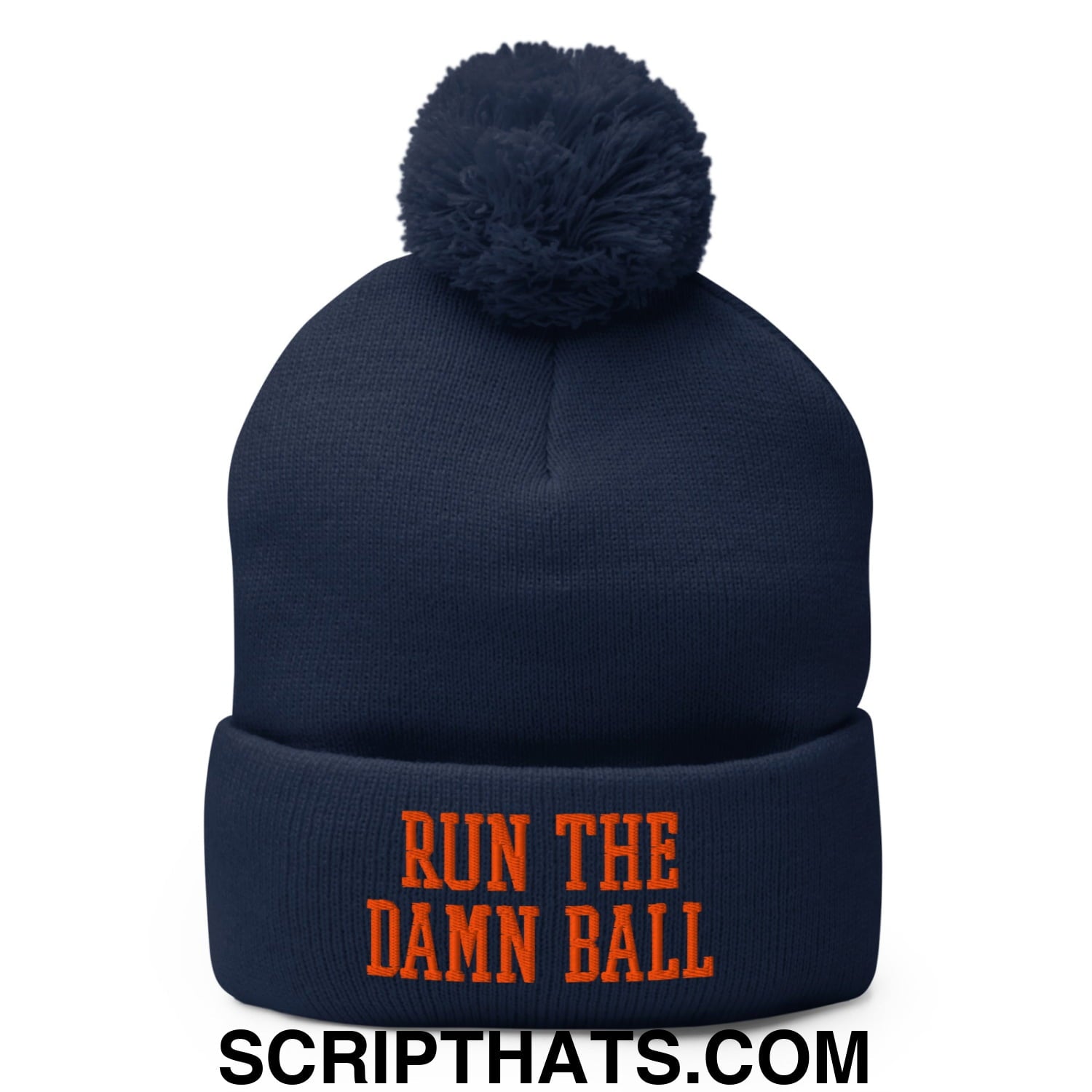 Run The Damn Ball Orange Embroidered Pom Pom Knit Beanie Navy