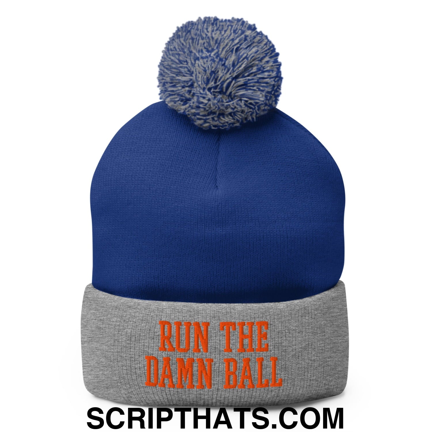 Run The Damn Ball Orange Embroidered Pom Pom Knit Beanie Royal Heather Grey