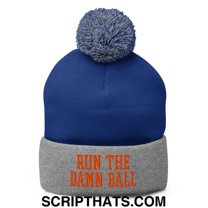 Run The Damn Ball Orange Embroidered Pom Pom Knit Beanie Royal Heather Grey