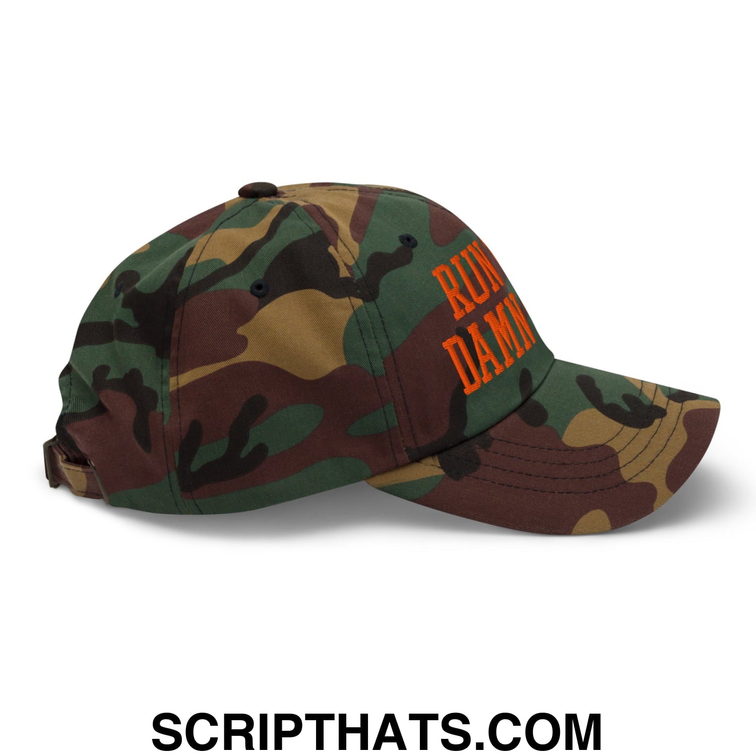 Run The Damn Ball Orange Embroidered Unstructured Dad Hat Green Camo