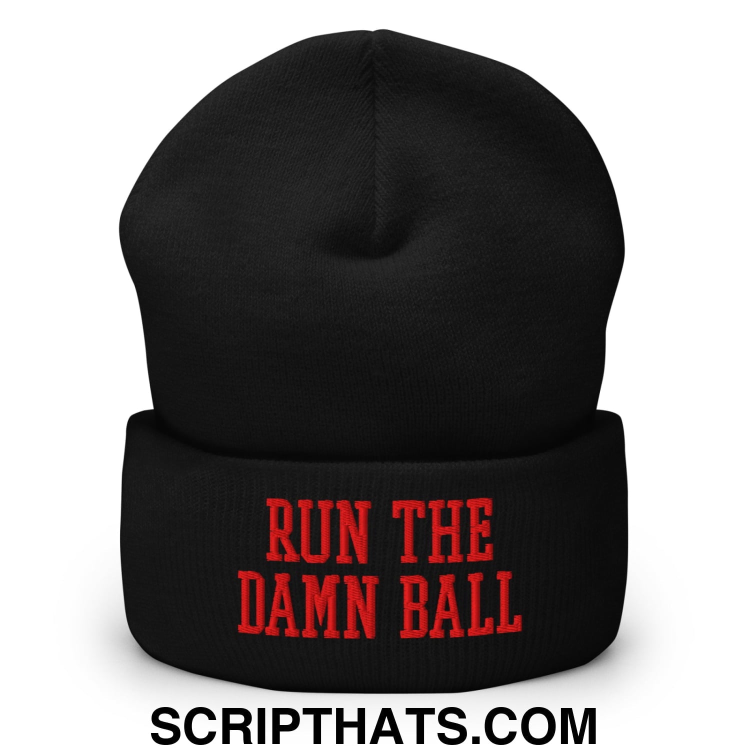 Black knit beanie with red embroidered run the damn ball text on the cuff in a cuffed knit design