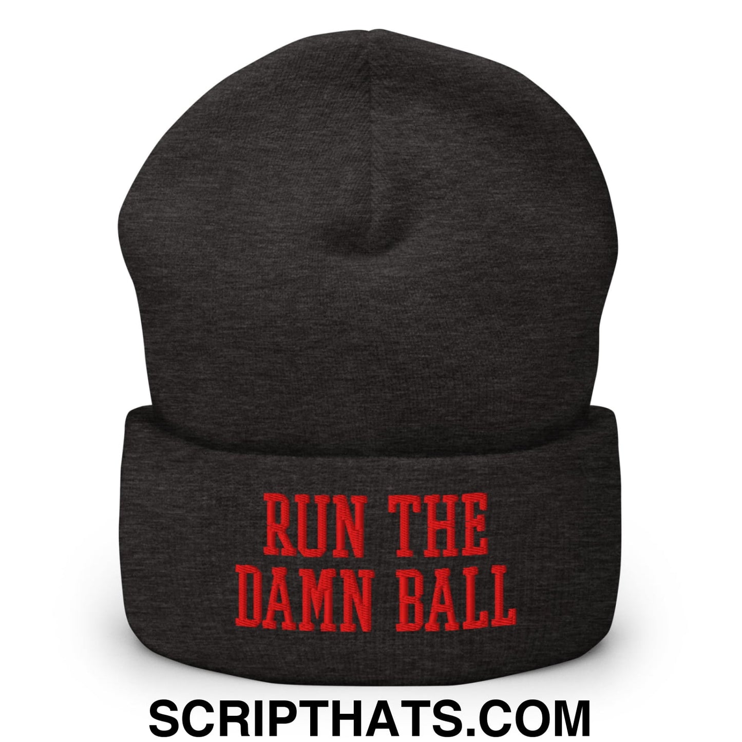 Black knit beanie with red embroidered run the damn ball text on cuff in a cuffed knit design