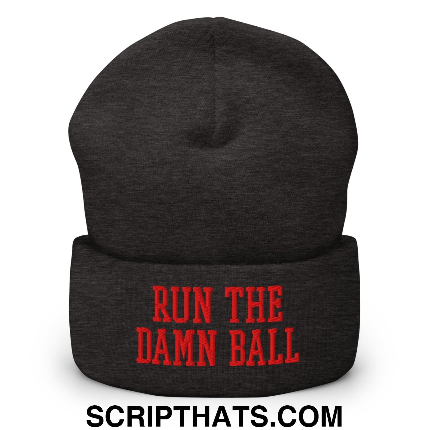 Black knit beanie with red embroidered run the damn ball text on cuff in a cuffed knit design