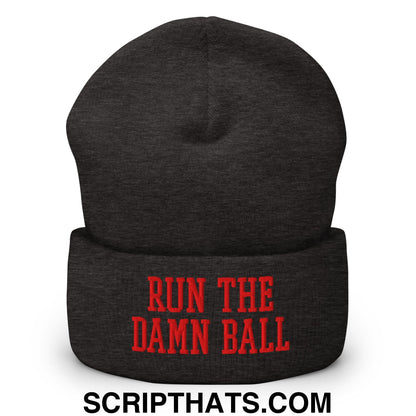 Black knit beanie with red embroidered run the damn ball text on cuff in a cuffed knit design