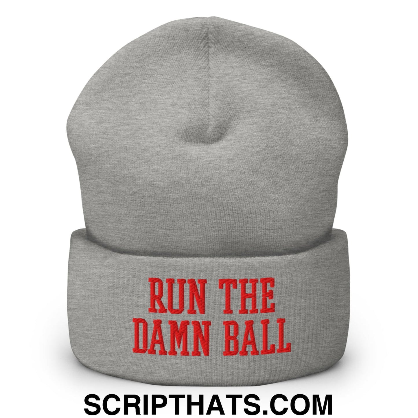 Gray knit cuffed beanie with red embroidered run the damn ball text on the cuff in a warm knit material