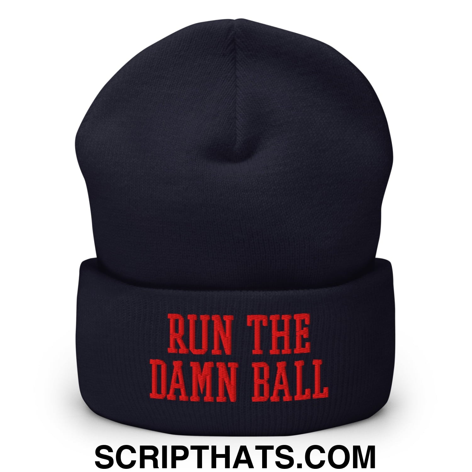 Navy blue knit cuffed beanie with red embroidered text run the damn ball showcasing bold sports style