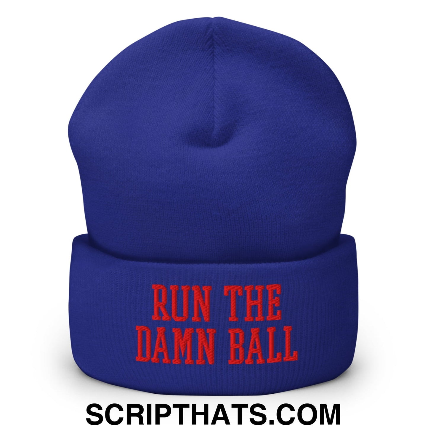 Royal blue knit beanie with red embroidered run the damn ball text on the folded cuff in a cuffed design