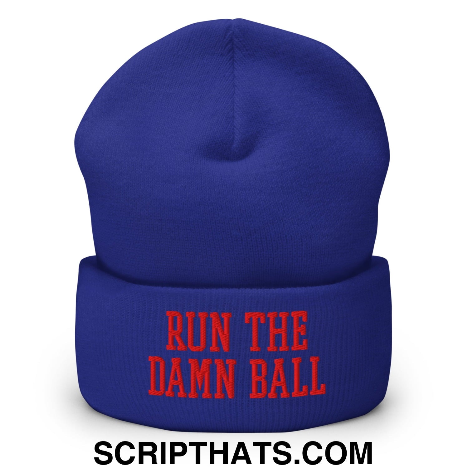 Royal blue knit beanie with red embroidered run the damn ball text on the folded cuff in a cuffed design