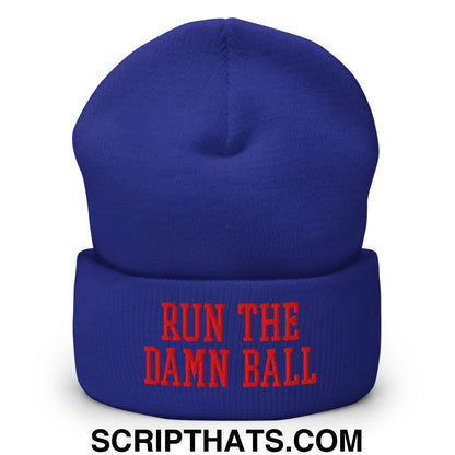Royal blue knit beanie with red embroidered run the damn ball text on the folded cuff in a cuffed design