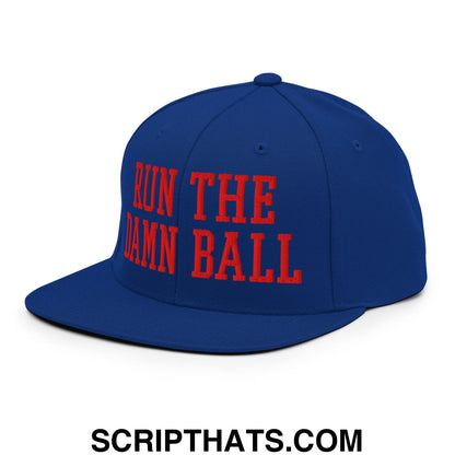 Blue snapback cap with bold red embroidered text run the damn ball and flat bill brim design