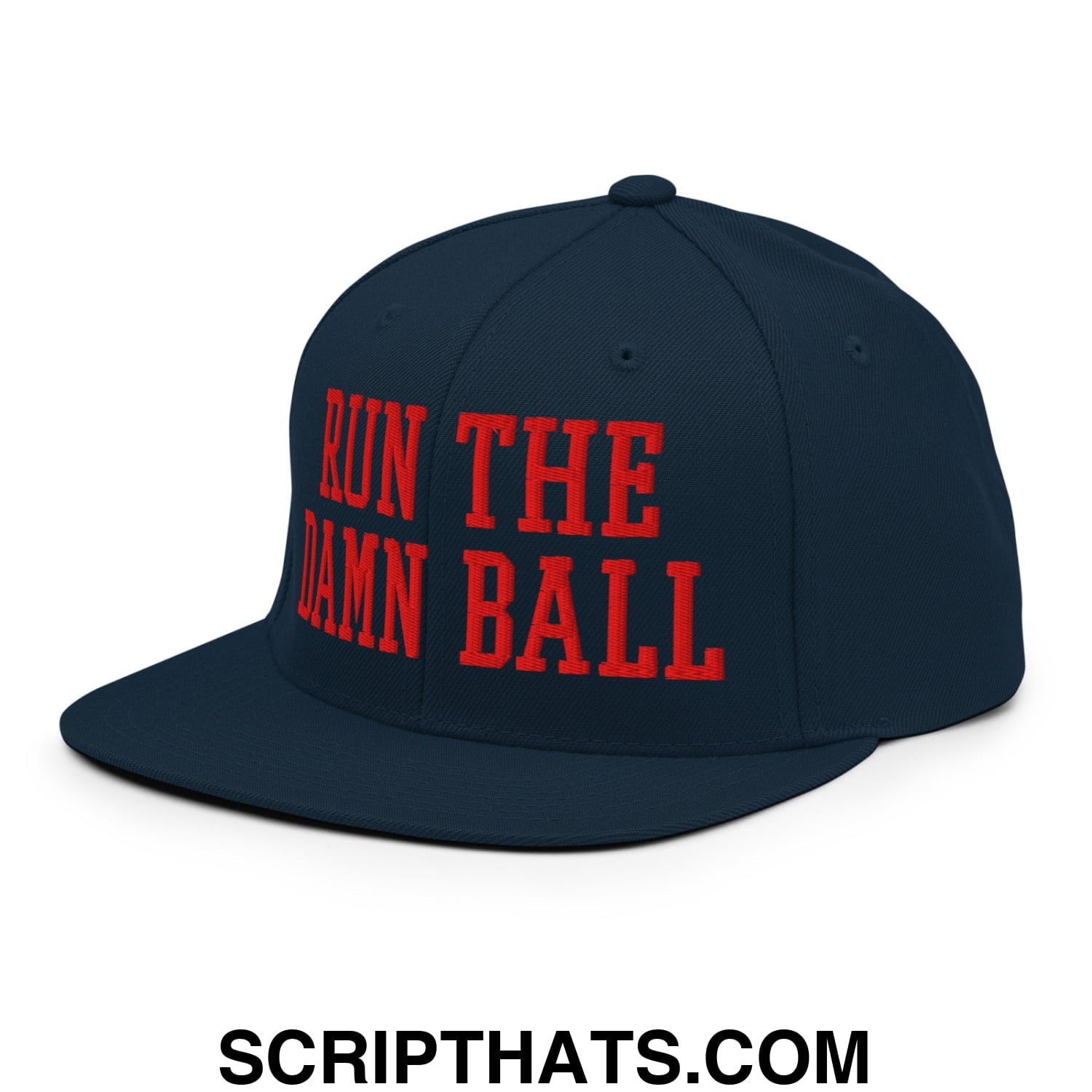 Navy blue snapback hat with bold red embroidered run the damn ball text and flat bill brim for casual wear