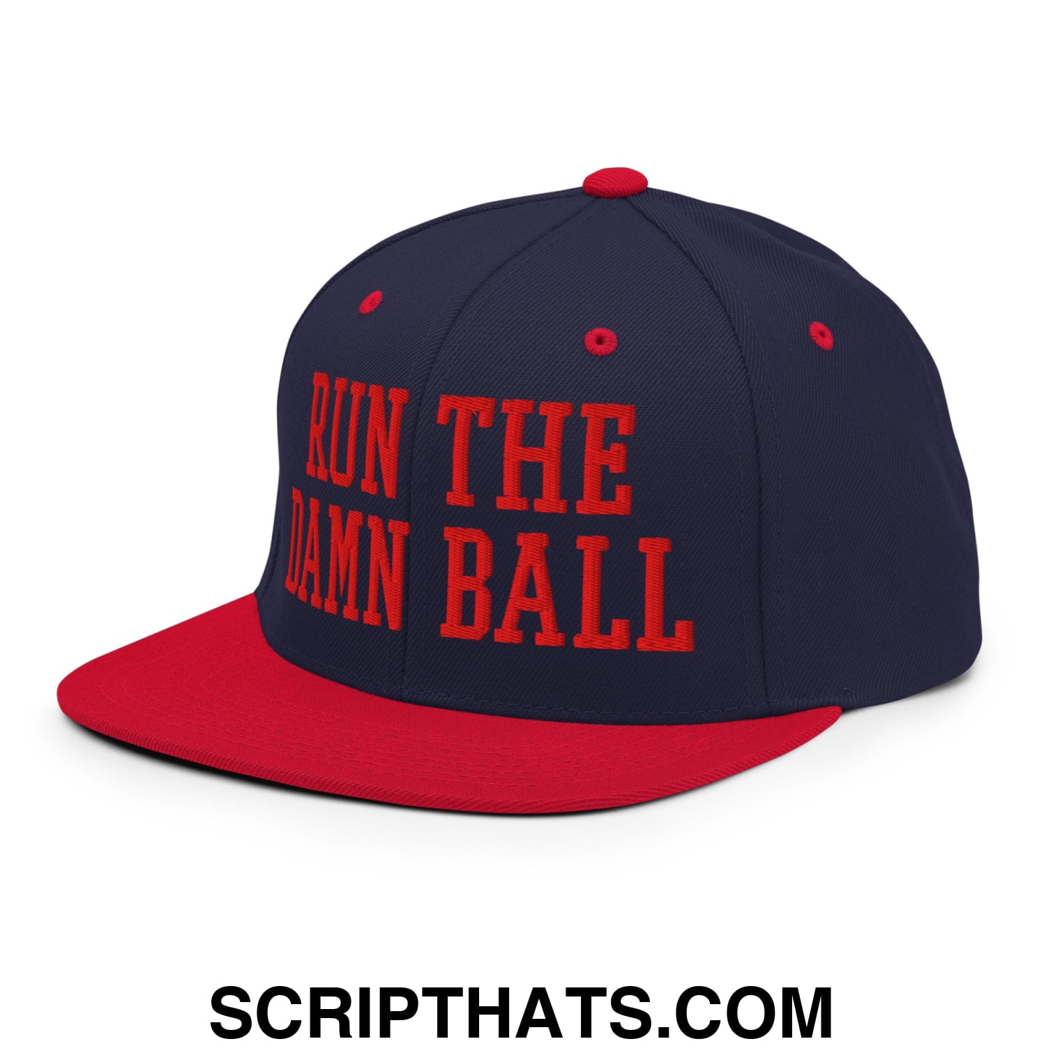 Navy blue and red snapback hat with bold orange embroidered run the damn ball text and flat bill brim design