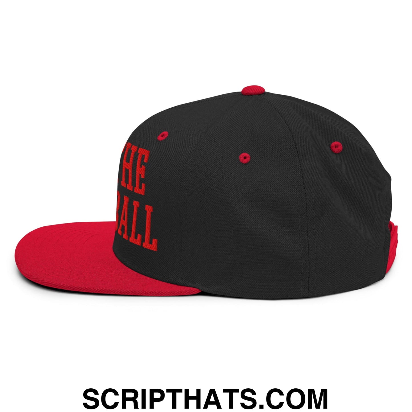 Black and red snapback cap with bold red embroidered text the wall on the side from run the damn ball collection
