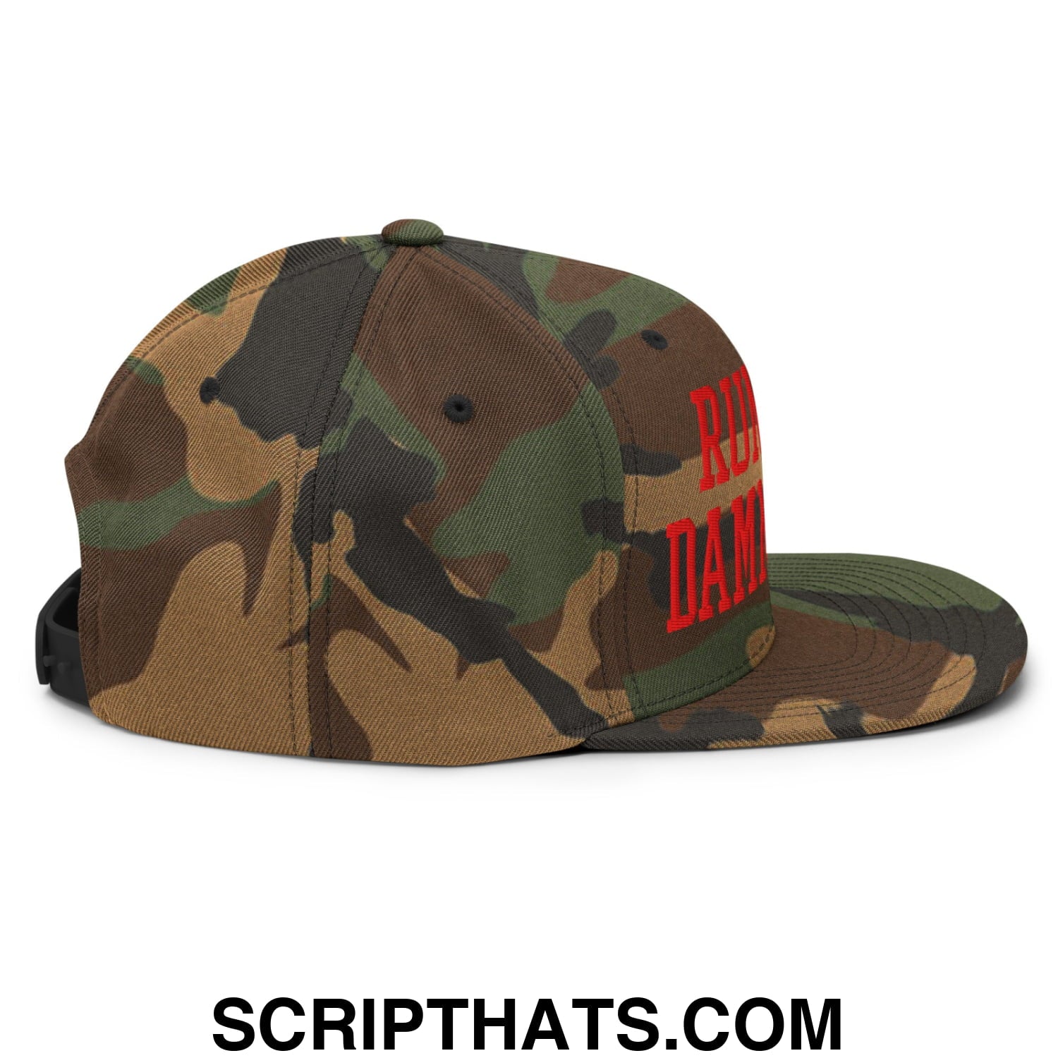 A camouflage-patterned snapback hat with bold red embroidered lettering and a flat bill brim