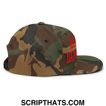 A camouflage-patterned snapback hat with bold red embroidered lettering and a flat bill brim